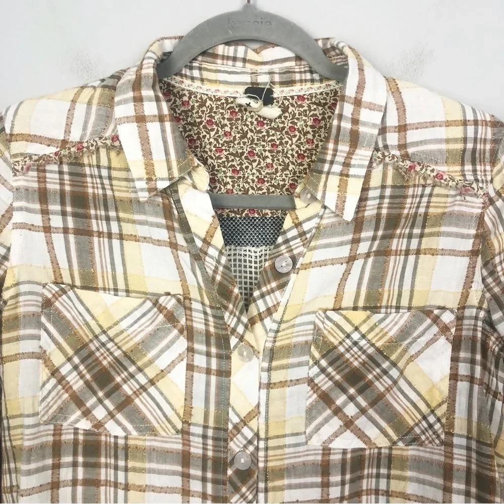 FREE PEOPLE | Park Ranger Plaid Button Down Top Knit Accents Women’s Size XS